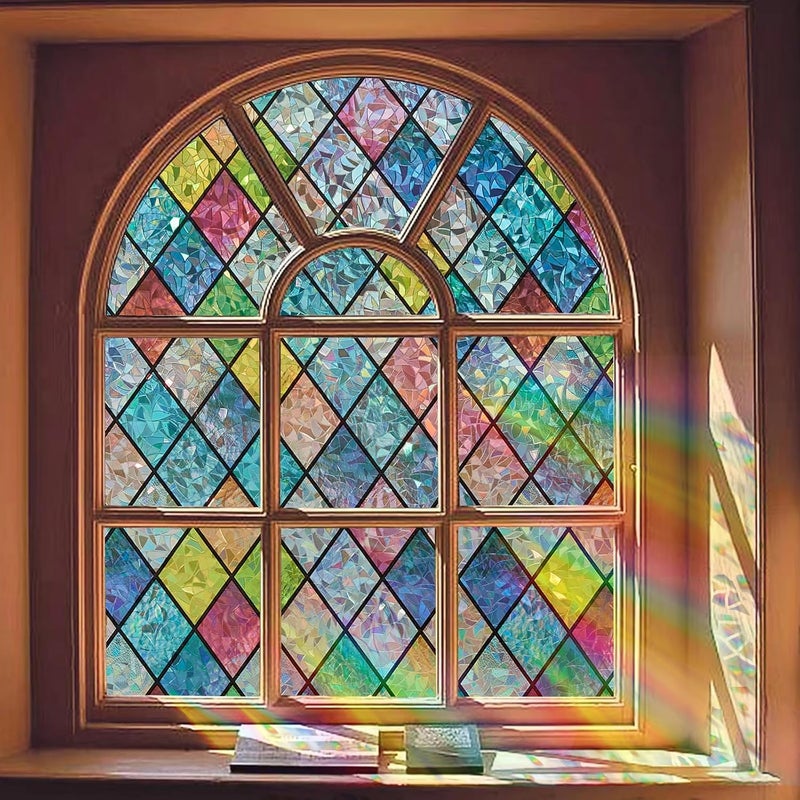 Bectosy Window Privacy Film, Static Cling Stained Glass Window Film Decorative, Non-Adhesive 3D Rainbow Frosting Film Anti-UV for Bathroom Home Door(Rainbow，35.4" x 157.5") - Image 1
